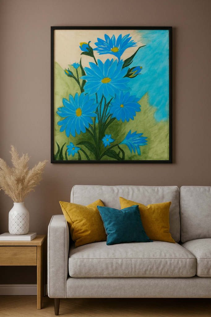painting, flowers, blue flowers, wall, sofa, interior, living room, cushions, vase, pampas grass, decoration, picture frames, brown color, flower wallpaper, flower background, nature, beautiful flowers, modern art, art gallery, simplicity, colors, autumn, beautiful, cozy