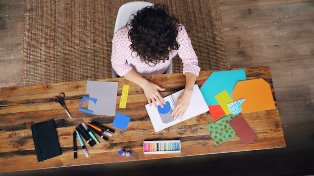 Person engaging in artistic crafts with colorful paper and tools on a wooden table.